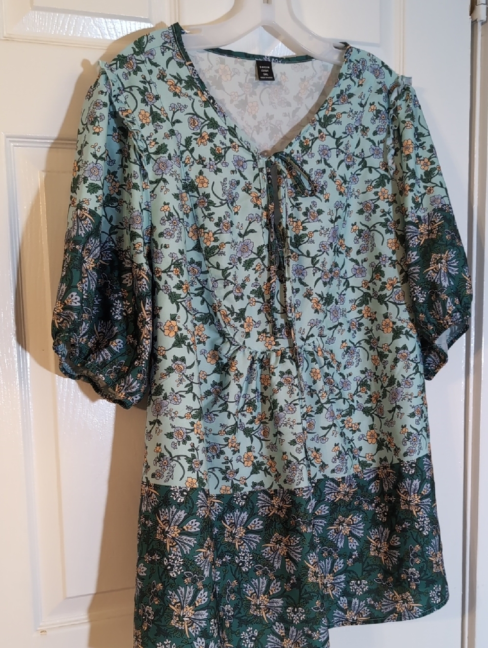 SHEIN Mint Green Floral Tie-Front Puff Sleeve Tunic